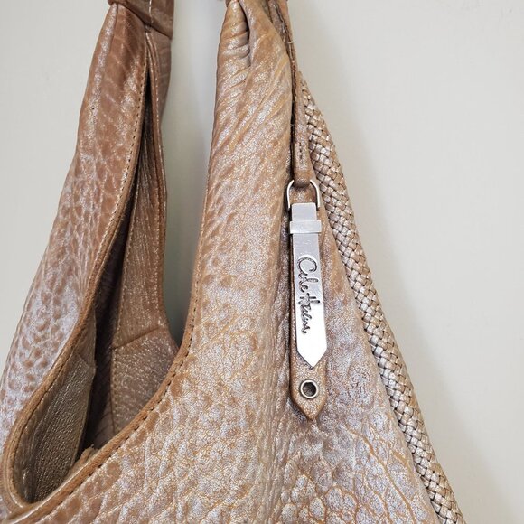 Cole Haan PHOEBE Distressed Leather Hobo Purse METALLIC ROSE Braid Trim Argento - Picture 3 of 9